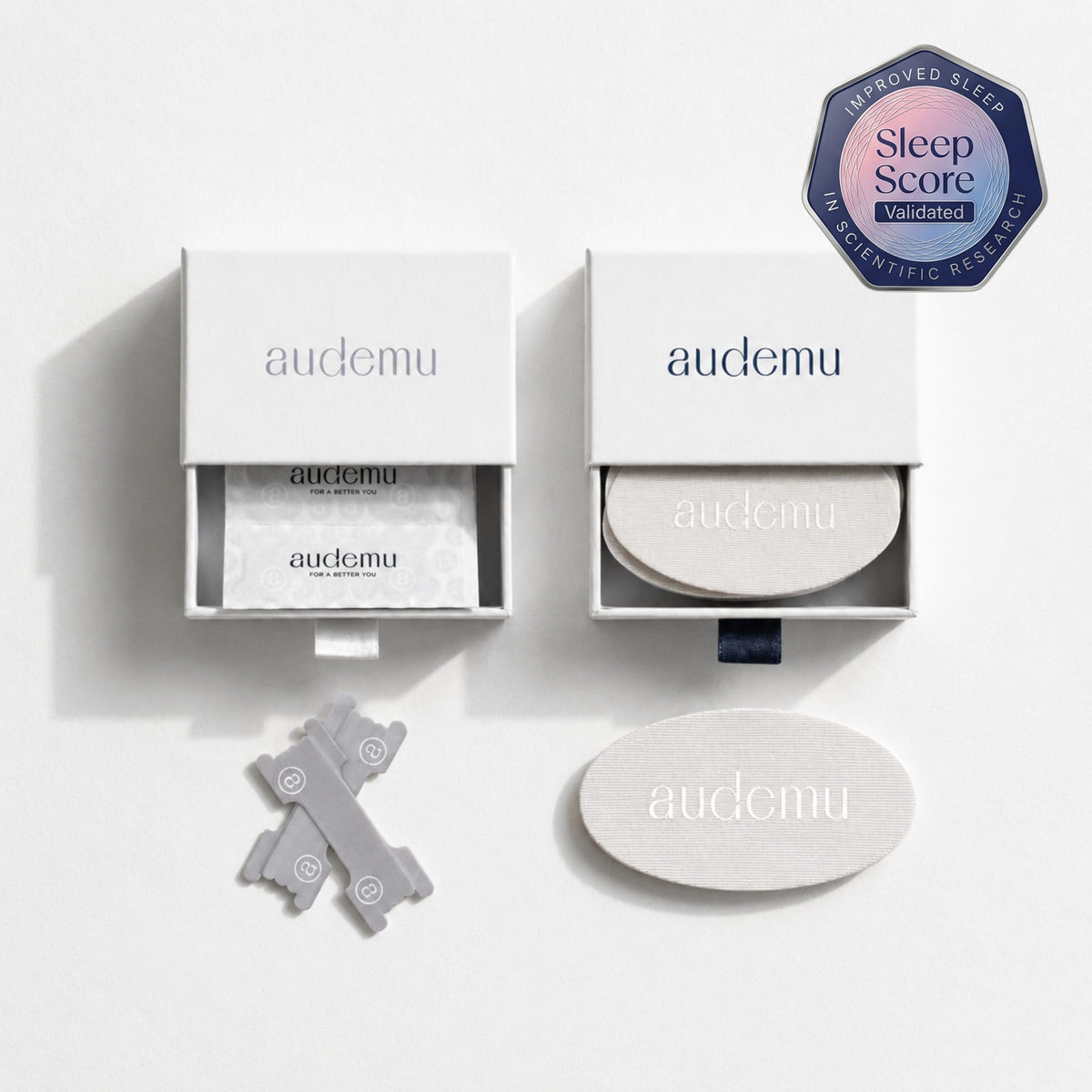 Audemu premium sleep optimization products in minimalist white packaging with soft natural lighting, featuring nasal strips and sleep strips on a clean luxury background and with sleep score validated in scientific research badge.