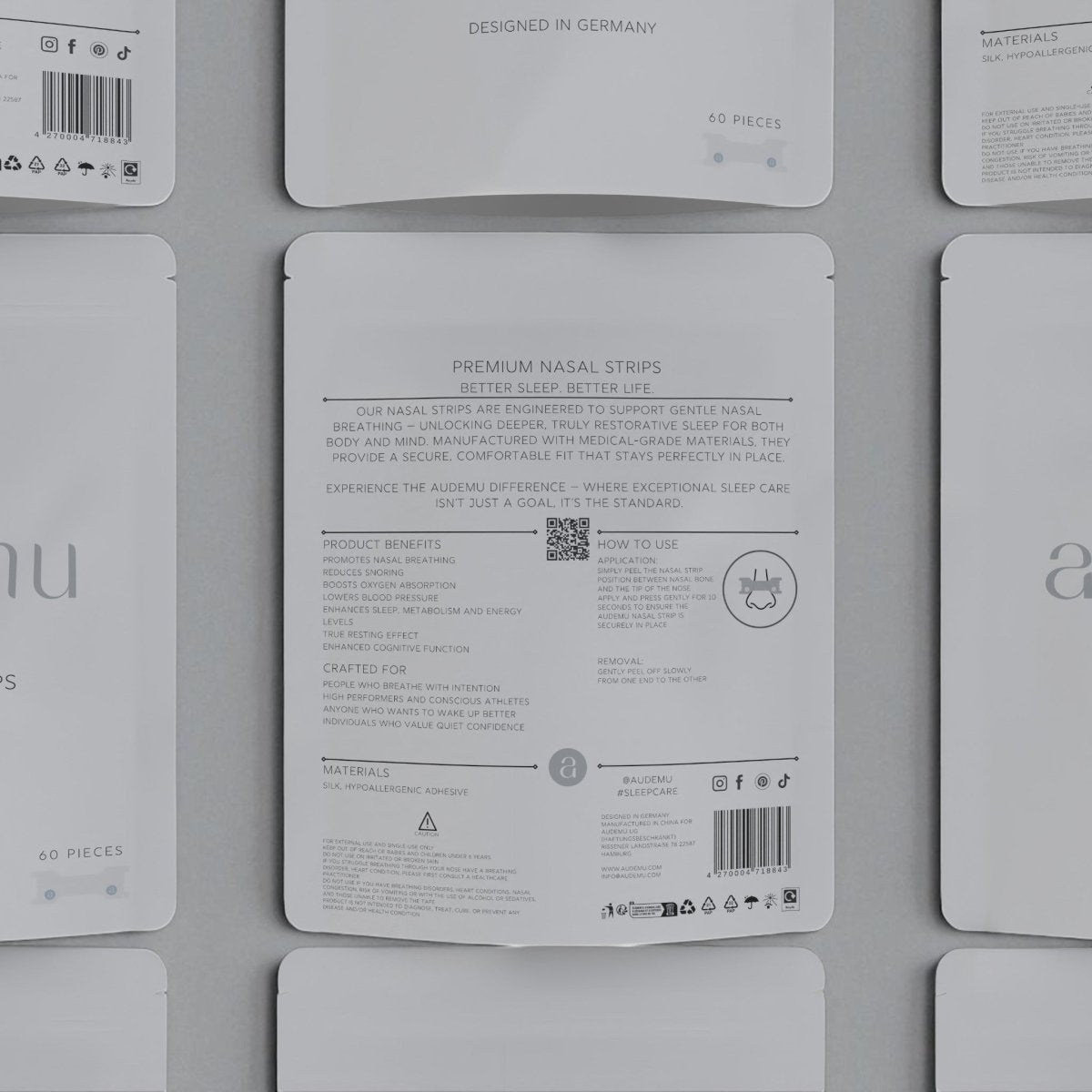 Audemu Nasal Strips Rückseite mit Inhaltsstoffen, Warnhinweisen und deutscher Produktinformation – Premium Qualität designed in Germany.