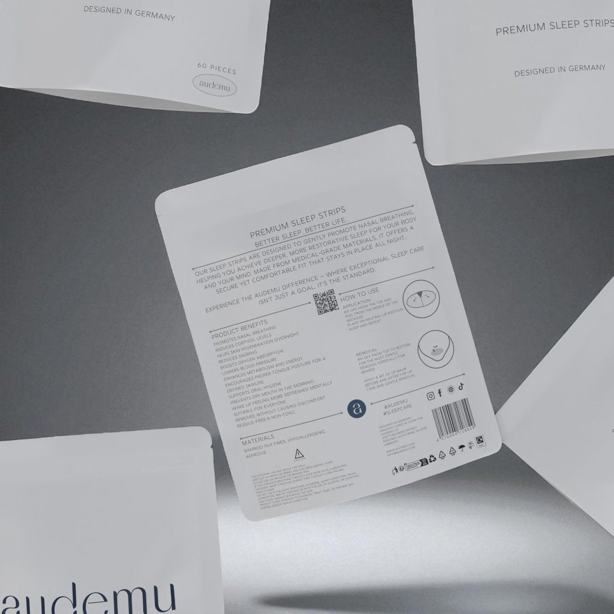 Audemu Sleep Strips Rückseite mit Inhaltsstoffen, Anwendung und Warnhinweisen – Premium Mundtape aus Bambusfaser, entwickelt für besseren Schlaf.