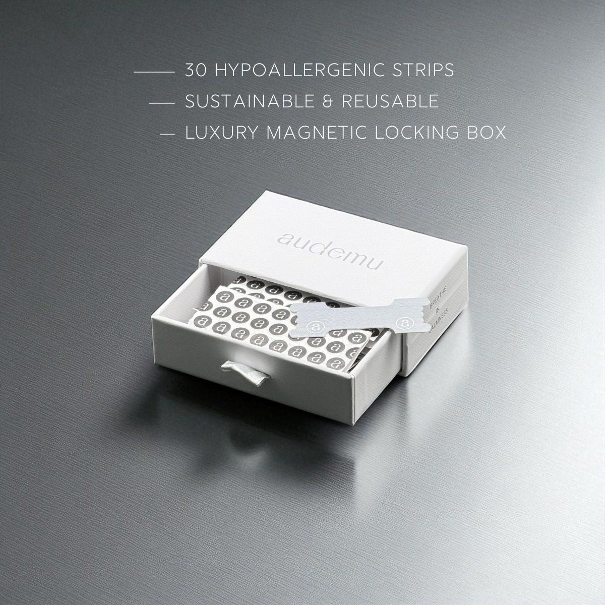 Audemu Premium Nasal Strips in luxuriöser Magnetbox – nachhaltige Verpackung, hypoallergen, starker Halt, ideal für Schlaf, Sport und Alltag