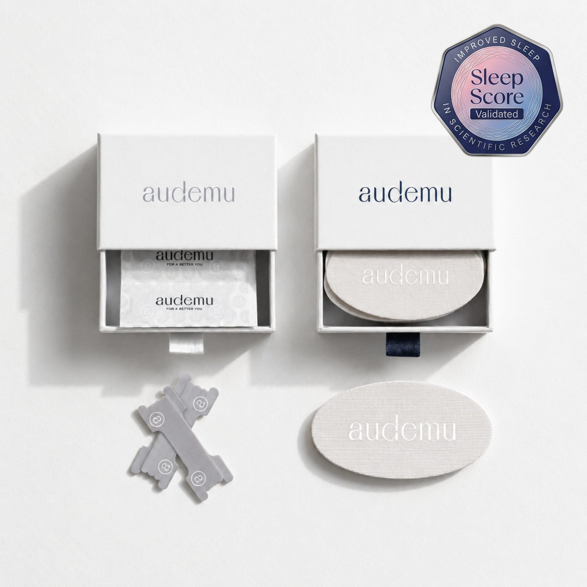 Audemu premium sleep optimization products in minimalist white packaging with soft natural lighting, featuring nasal strips and sleep strips on a clean luxury background and with sleep score validated in scientific research badge.