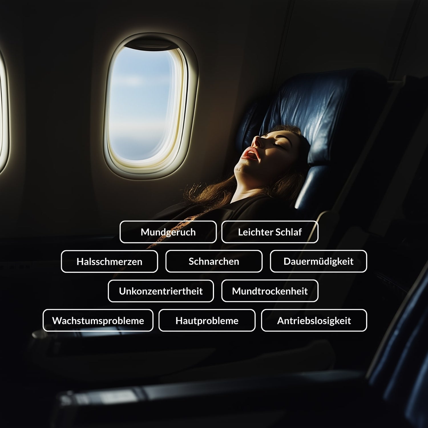 Frau schläft im Flugzeug mit offenem Mund, Sonnenlicht fällt durch das Fenster. Eingeblendete Schlagworte wie Mundgeruch, Schnarchen, Halsschmerzen, Dauermüdigkeit, Hautprobleme und Antriebslosigkeit verdeutlichen die negativen Folgen von Mundatmung.