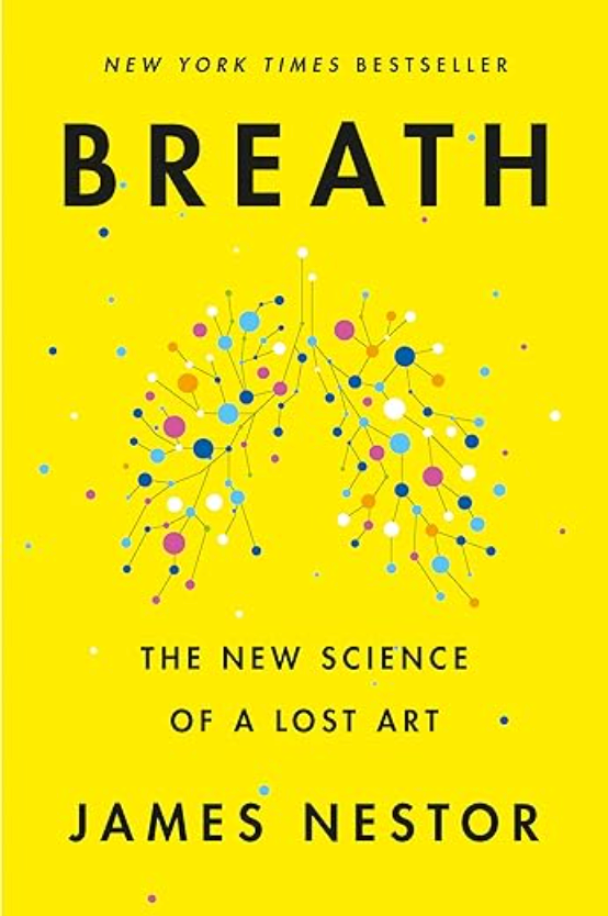 Cover des New York Times Bestsellers „Breath: The New Science of a Lost Art“ von James Nestor – gelber Hintergrund mit einem abstrakten, farbigen Netzwerkdesign, das die Komplexität der Atmung symbolisiert.